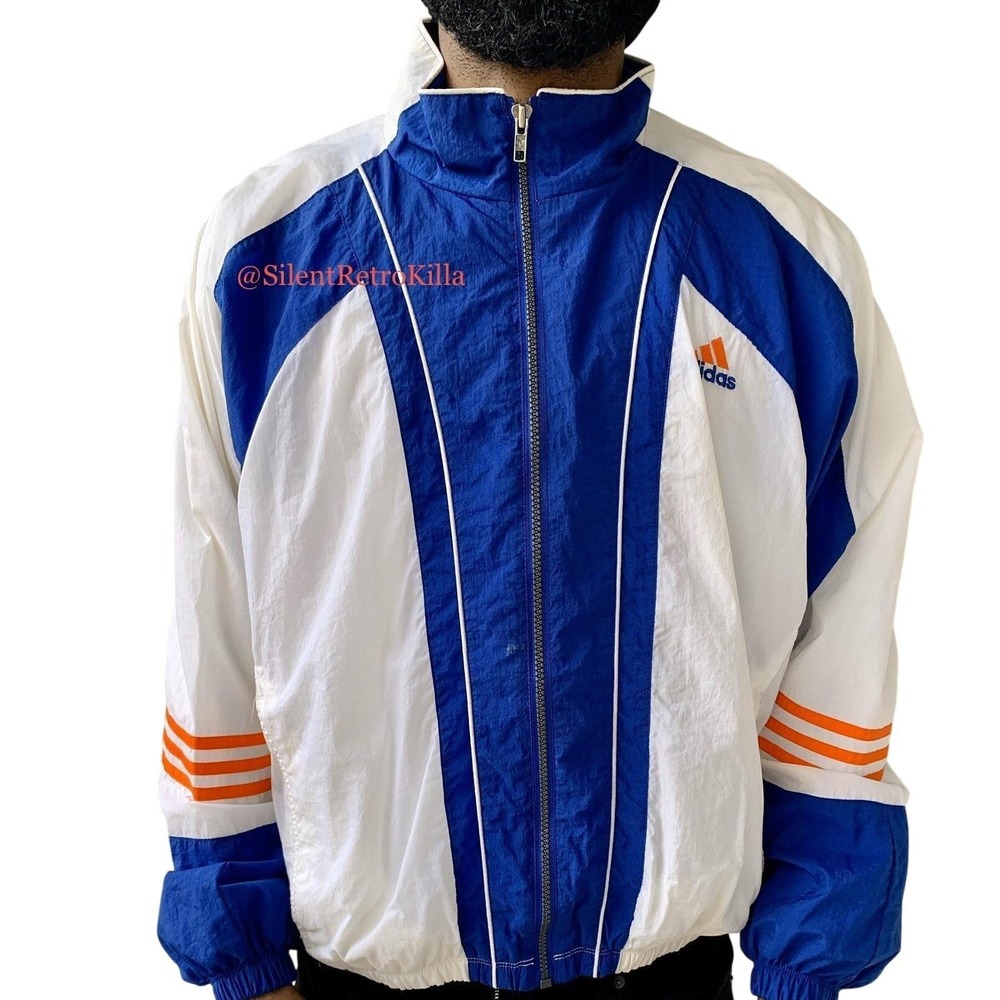 Adidas Windbreaker Jacket Mens Large Blue White Good 90s Vintage Colorblock Zip